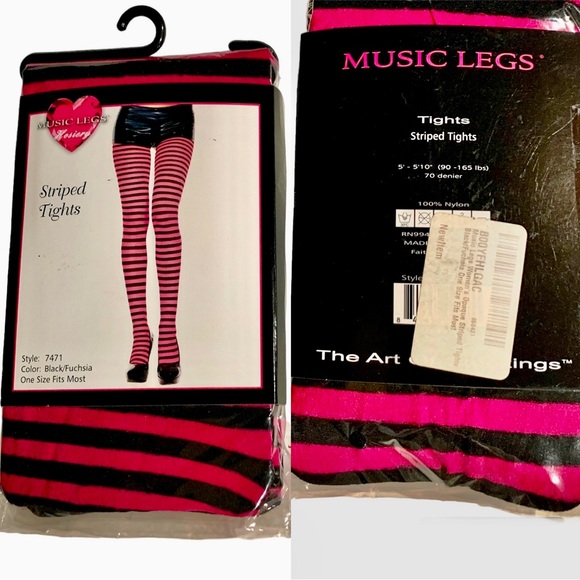 2 Pair Music Legs Striped Tights Reg & Thigh-Hi Pink Green Black Costume OS NWT - Picture 2 of 5